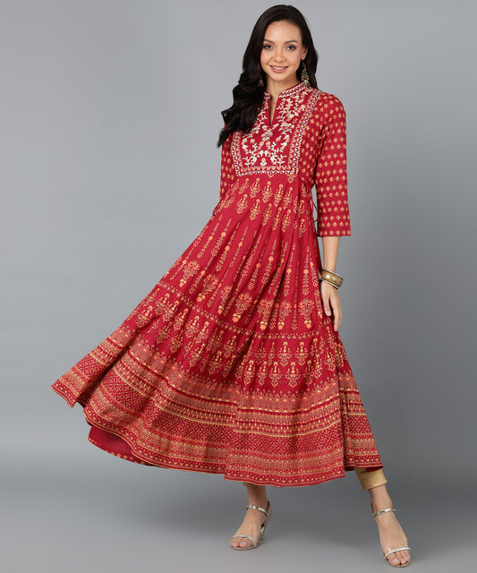 Bunkari's Red Embroidery Anarkali Kurta (Women)