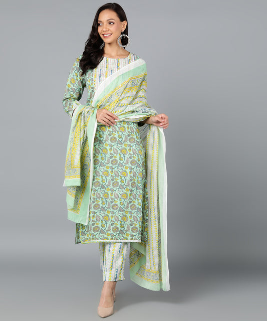 Bunkari's Green Kurta, Palazzo and Duppata Set (Women)