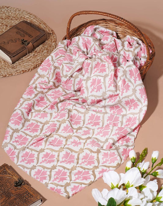 Pink Floral block Khari & gold Rayon 42 inch