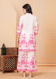 White & Pink Lotus Print Cotton Kurta Set for Women