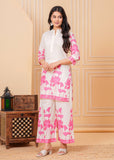 White & Pink Lotus Print Cotton Kurta Set for Women