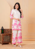 White & Pink Lotus Print Cotton Kurta Set for Women