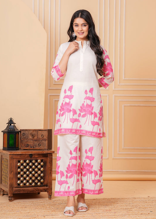 White & Pink Lotus Print Cotton Kurta Set for Women