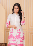 White & Pink Lotus Print Cotton Kurta Set for Women