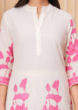 White & Pink Lotus Print Cotton Kurta Set for Women