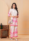 White & Pink Lotus Print Cotton Kurta Set for Women