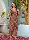 Brown Printed Viscose Rayon Straight Kurti with Matching Pants Set