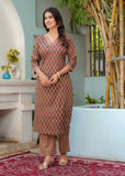 Brown Printed Viscose Rayon Straight Kurti with Matching Pants Set