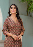 Brown Printed Viscose Rayon Straight Kurti with Matching Pants Set