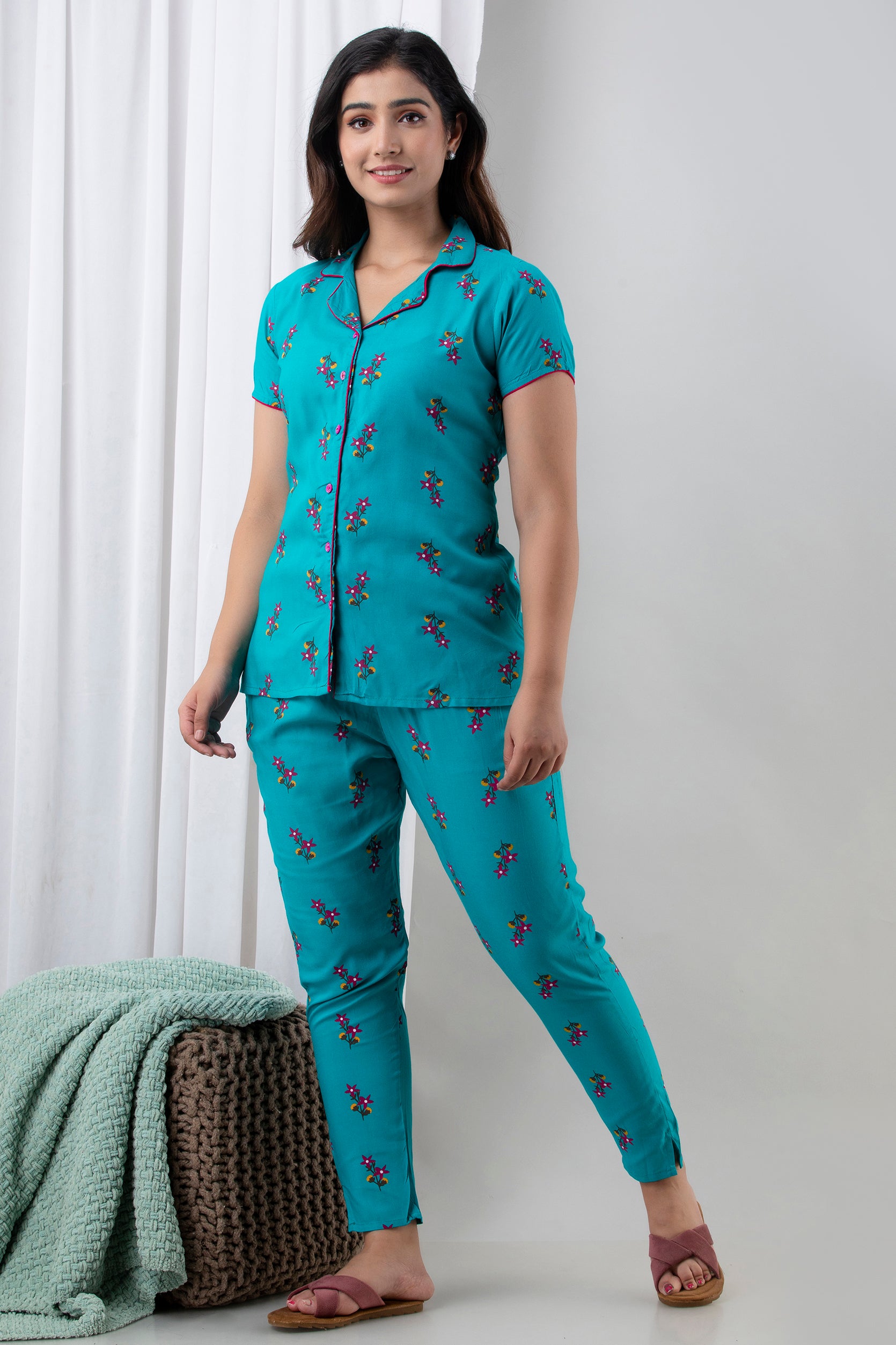 Bunkari Women Shirt & Pyjama set Blue Printed