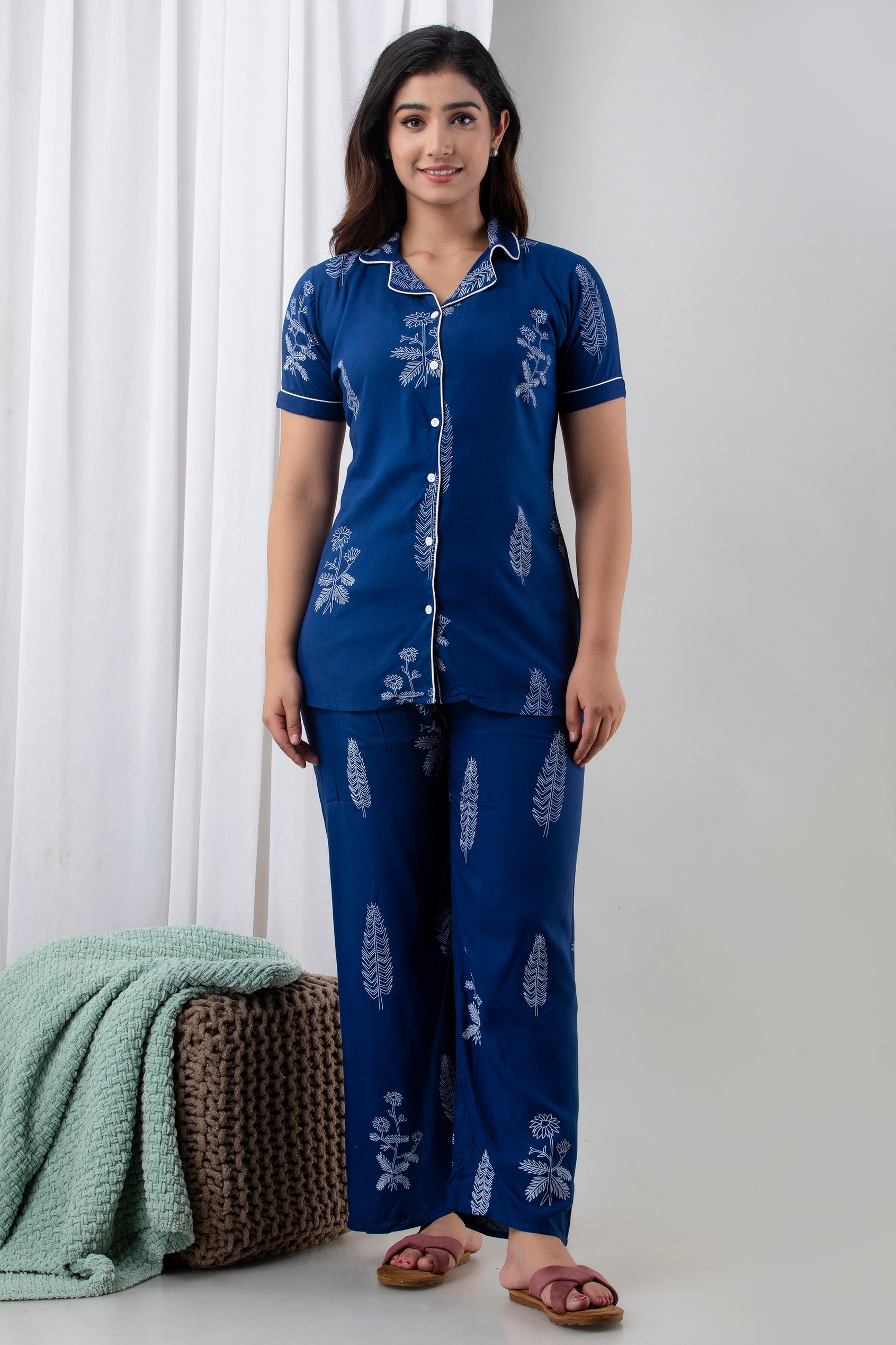 Bunkari Women Night Suit Set Dark Blue Printed