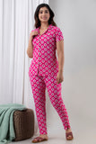 Bunkari Women Night Suit Set Pink Printed