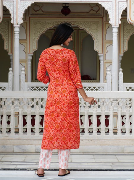 Orange Floral Women Kurta And Palazzo Set