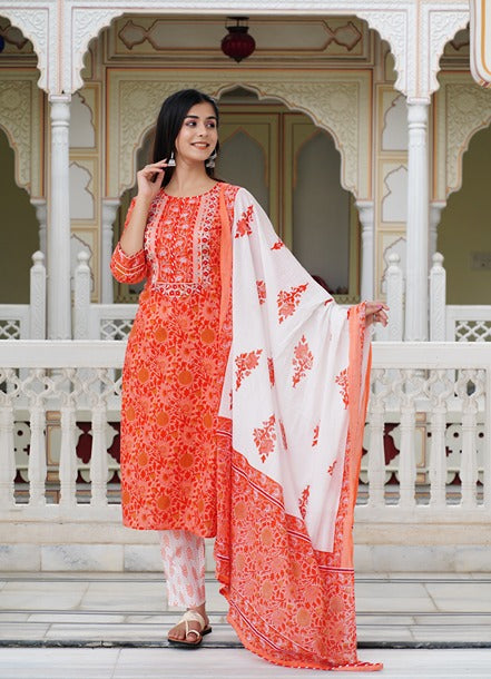 Orange Floral Women Kurta And Palazzo Set