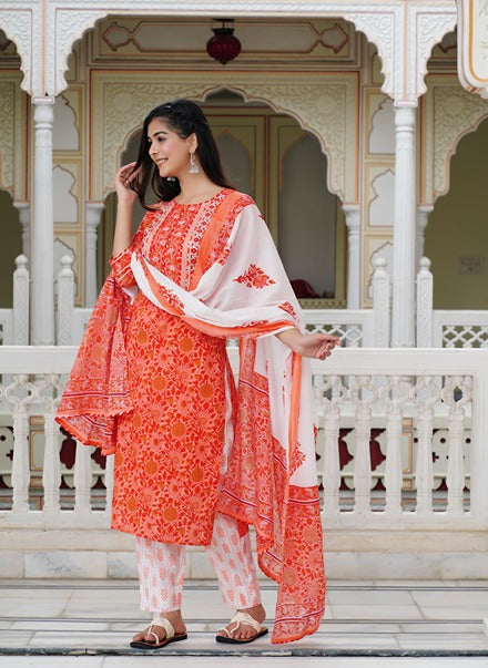 Orange Floral Women Kurta And Palazzo Set