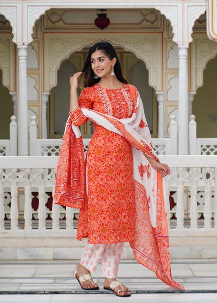 Orange Floral Women Kurta And Palazzo Set