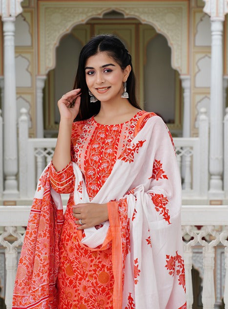 Orange Floral Women Kurta And Palazzo Set