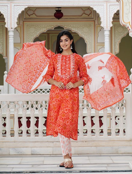 Orange Floral Women Kurta And Palazzo Set