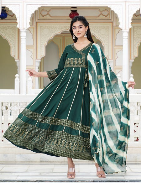 Women Floral Print Anarkali Green Kurta