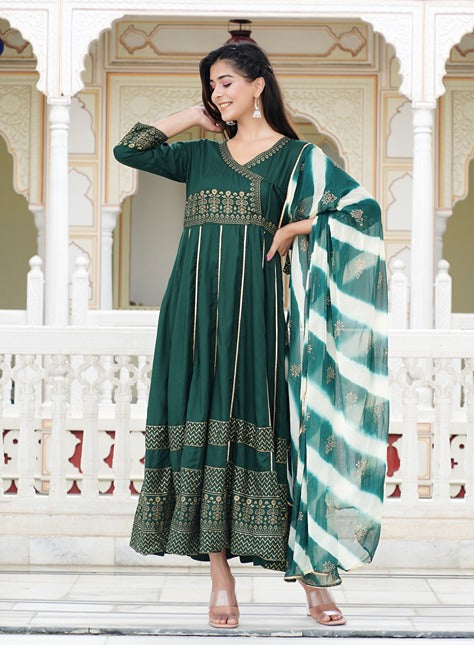 Women Floral Print Anarkali Green Kurta