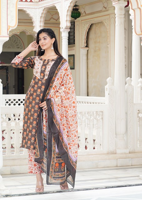 Brown Floral Women Kurta Pant And Dupatta Set