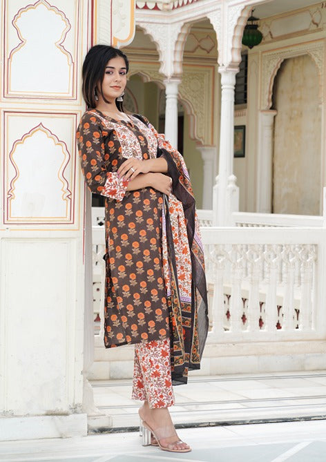 Brown Floral Women Kurta Pant And Dupatta Set