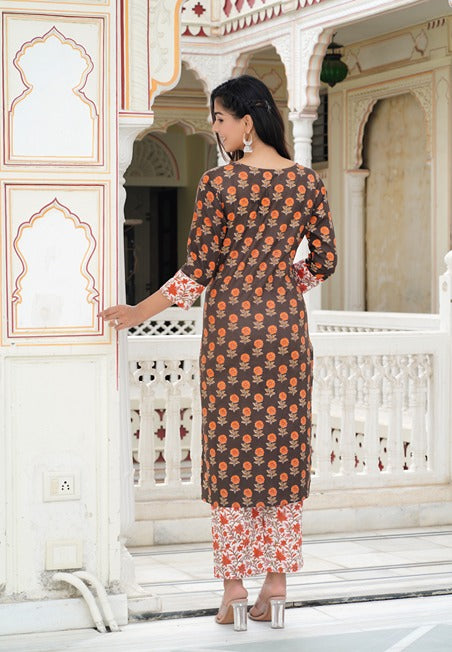 Brown Floral Women Kurta Pant And Dupatta Set