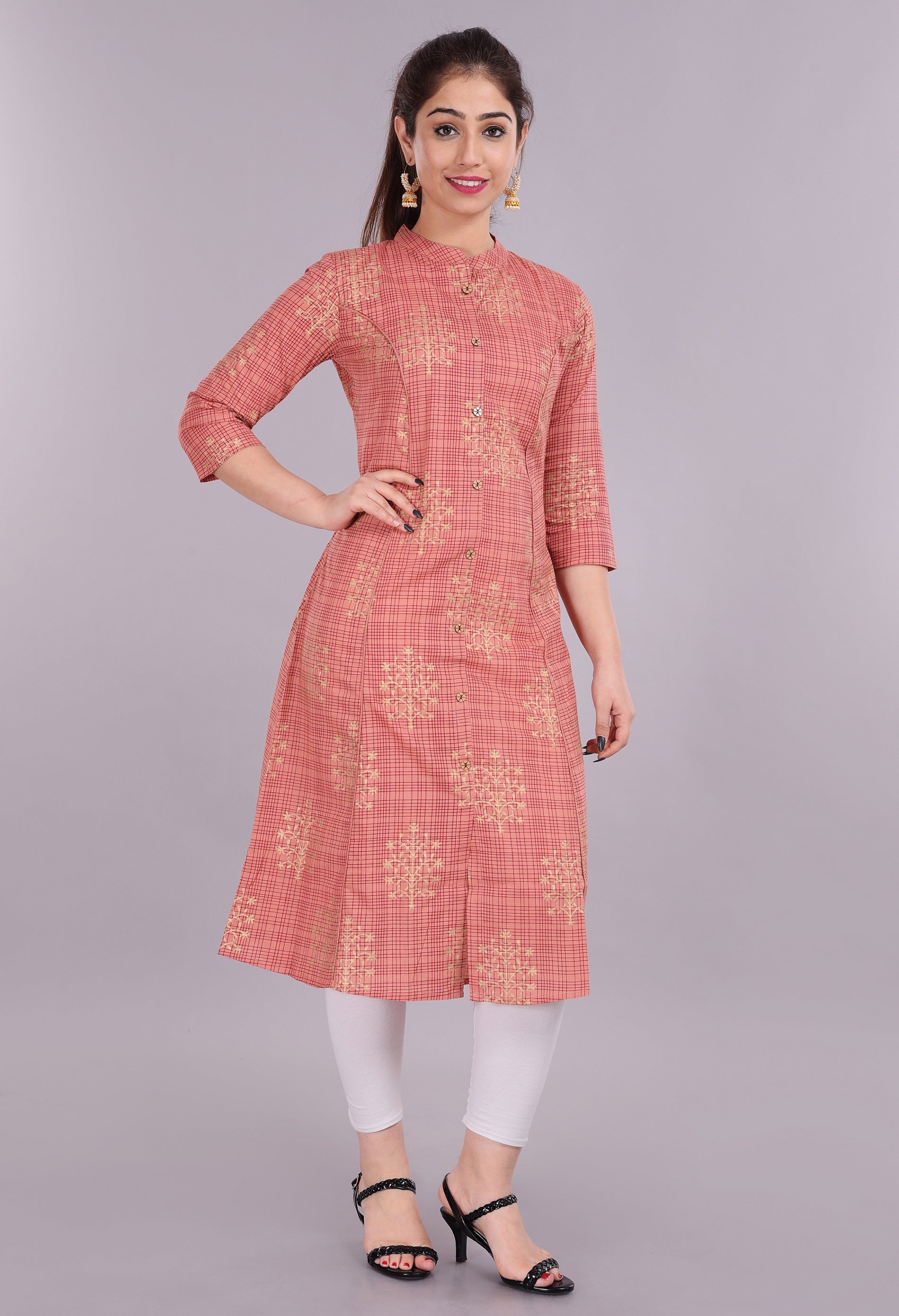 Women Printed A Line Peach Kurta