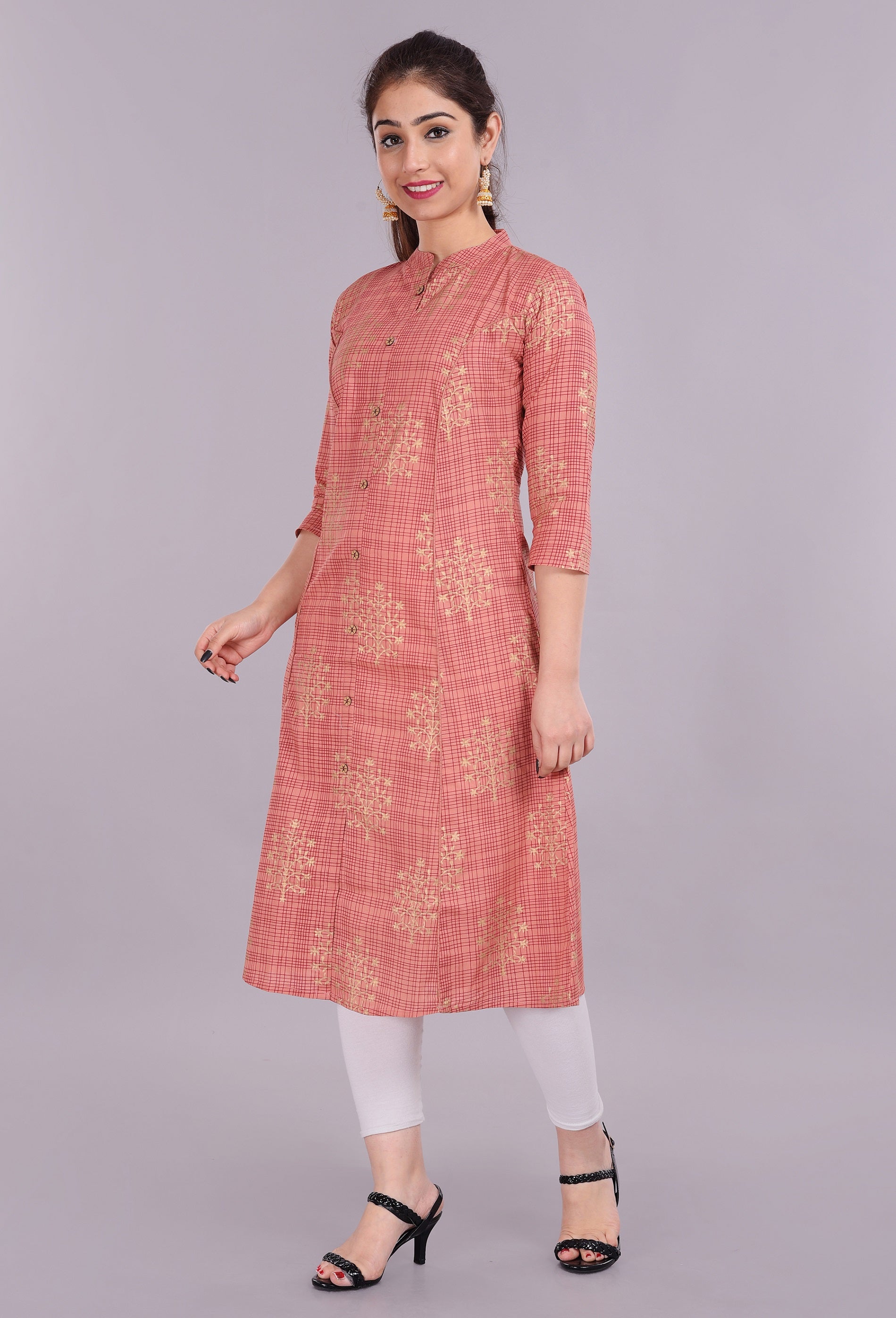 Women Printed A Line Peach Kurta