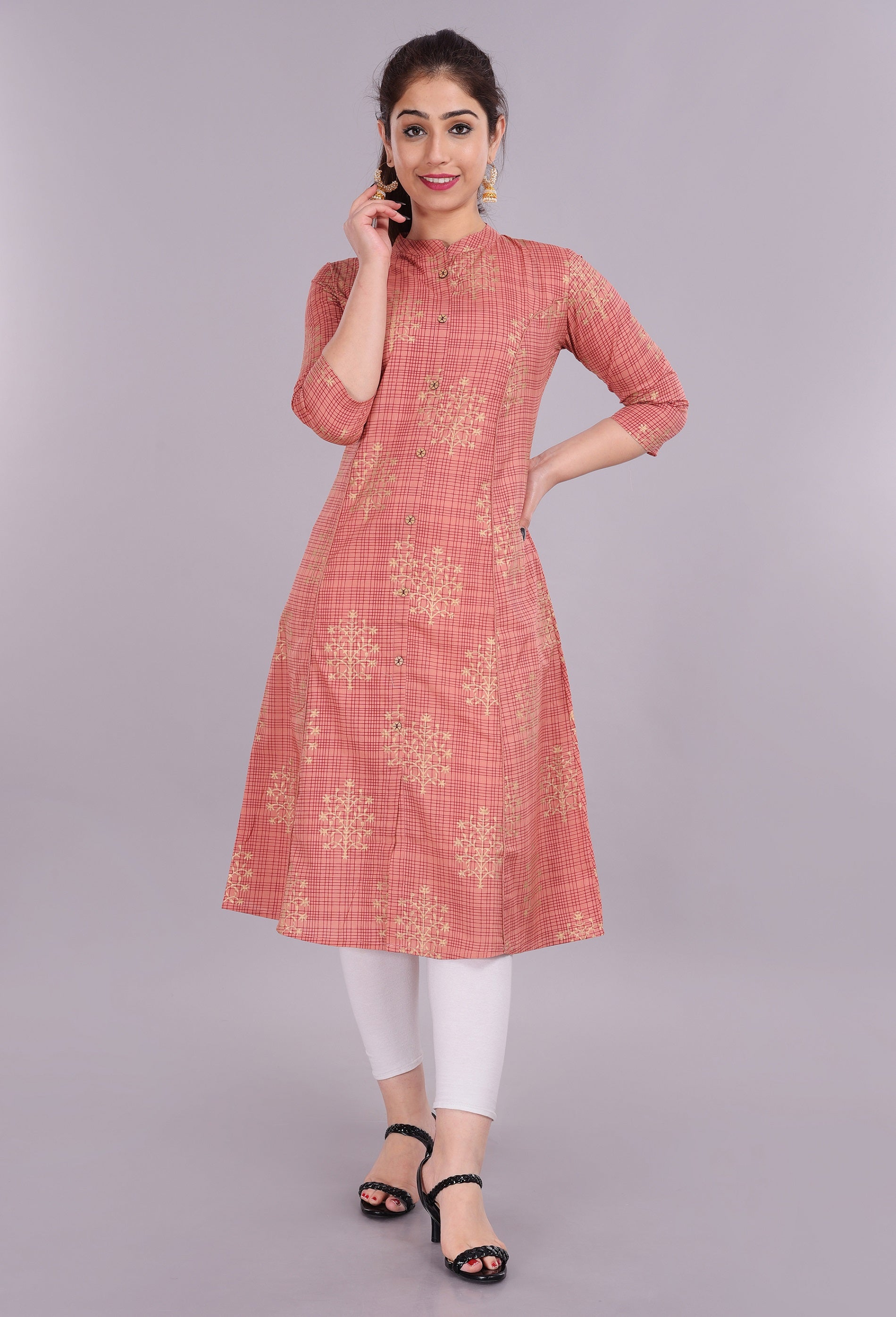 Women Printed A Line Peach Kurta