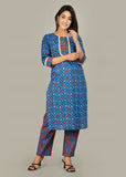 Blue Bunkari Women Kurta Pant Set Pure Cotton