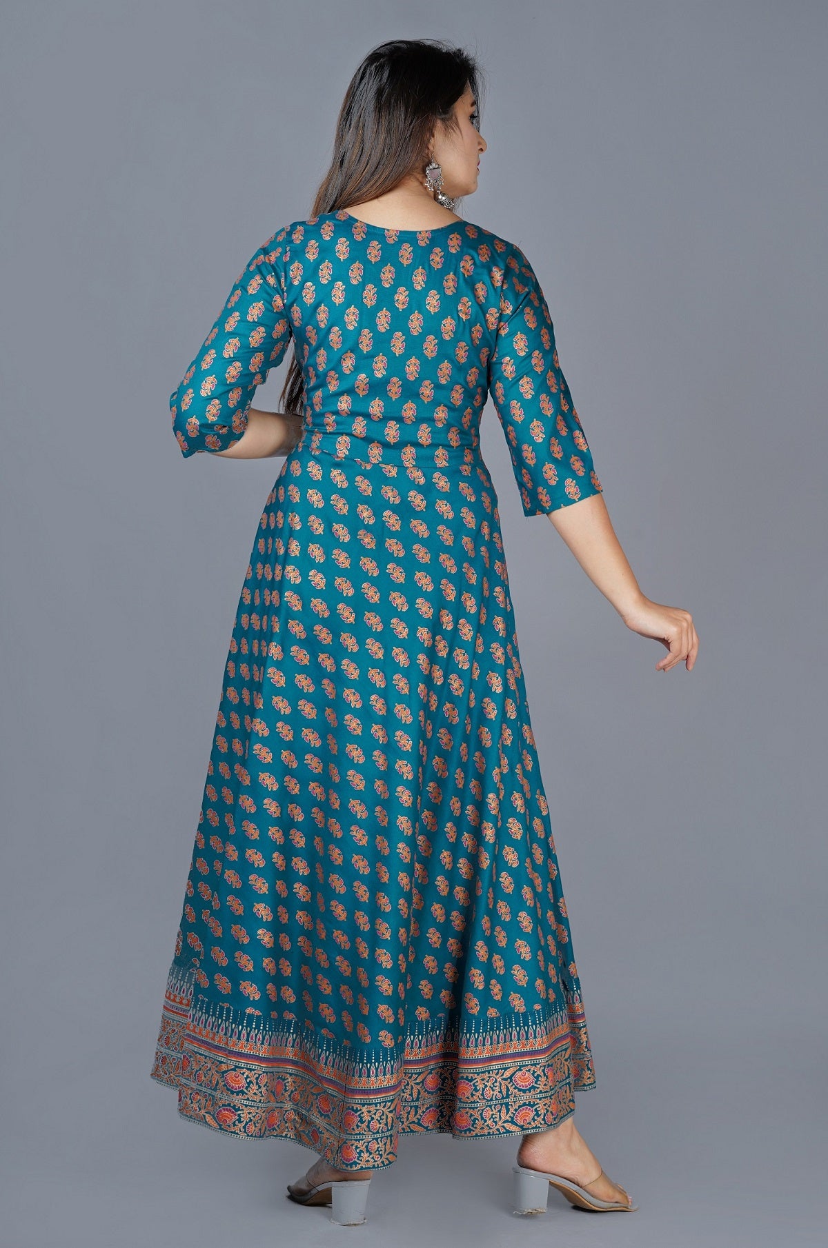 Women Printed Anarkali Teal Kurta