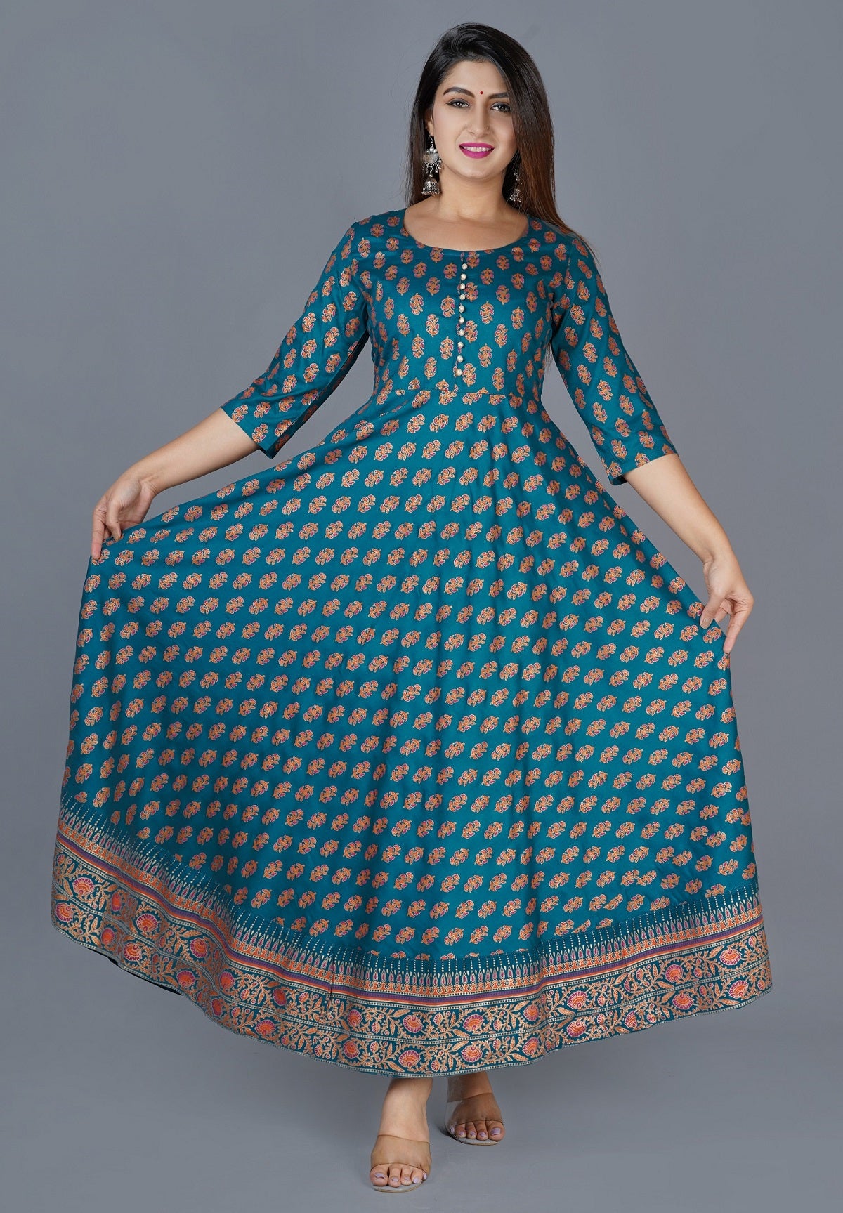 Women Printed Anarkali Teal Kurta