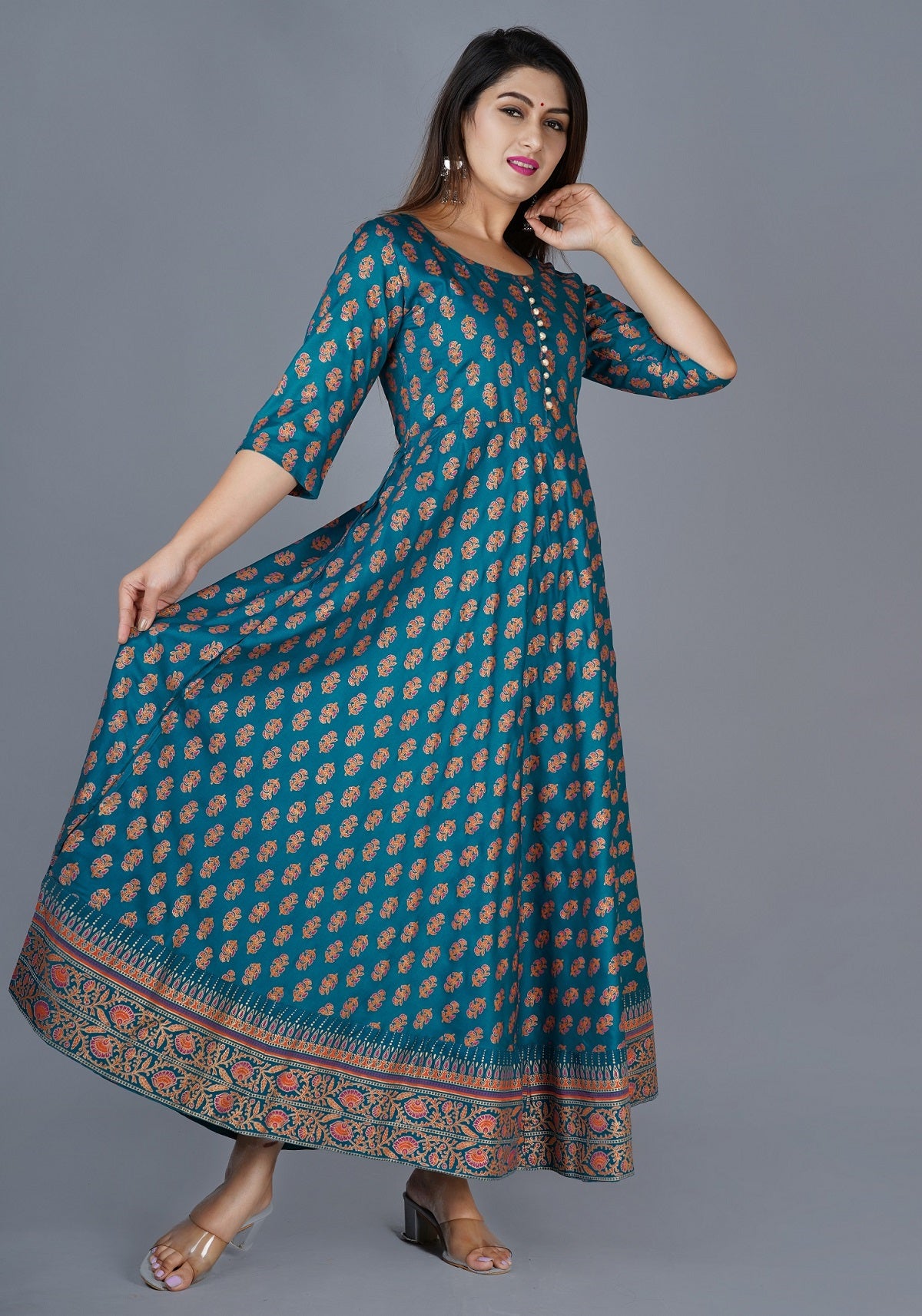 Women Printed Anarkali Teal Kurta